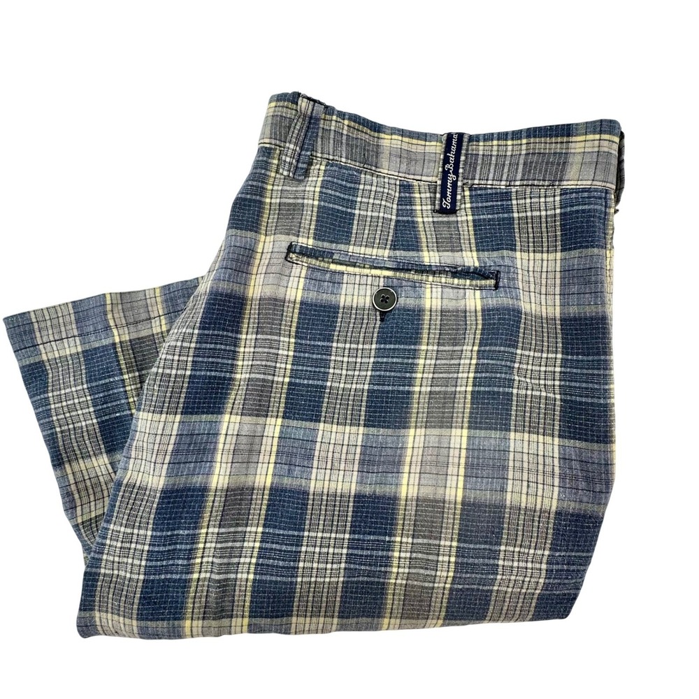 Tommy Bahama Mens Blue Yellow Plaid Linen Silk Shorts Size 36 Resortwear